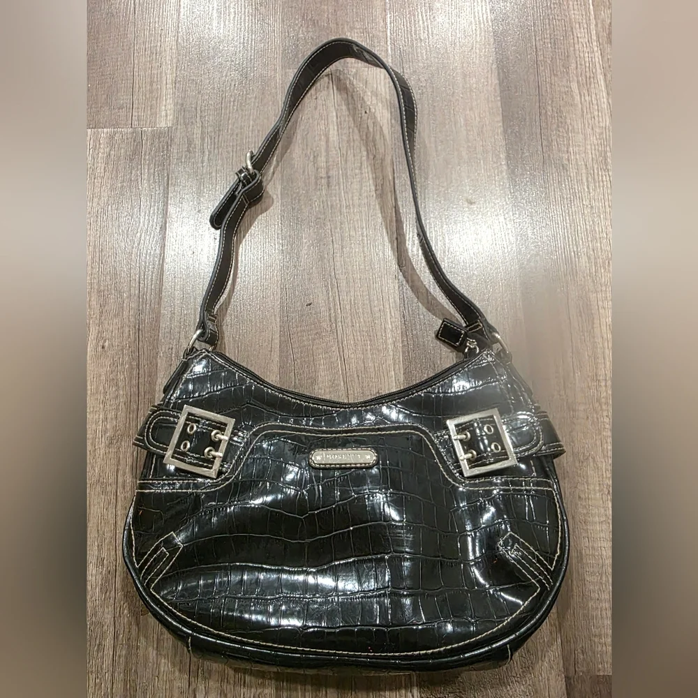 ROSETTI Y2K CROC EMBOSSED BLACK LUNE CROISSANT BAG Shoulder Preppy 2000s Shiny
